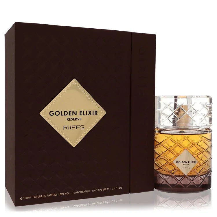 Perfume bottle and packaging with 'Golden Elixir Reserve' branding on a white background