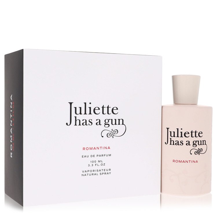 Juliette has a gun Romantina perfume bottle and packaging on a white background
