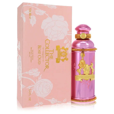 Alexandre J Rose Oud Pink and gold perfume bottle with matching box featuring floral designs on a white background