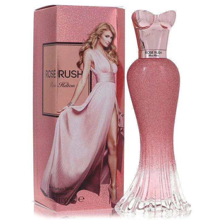 Rose Rush perfume bottle and packaging with a model on a white background