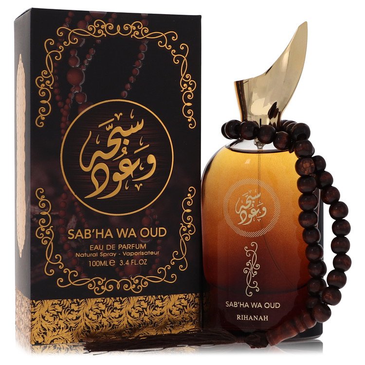 Sab'ha Wa Oud perfume bottle with packaging on a white background