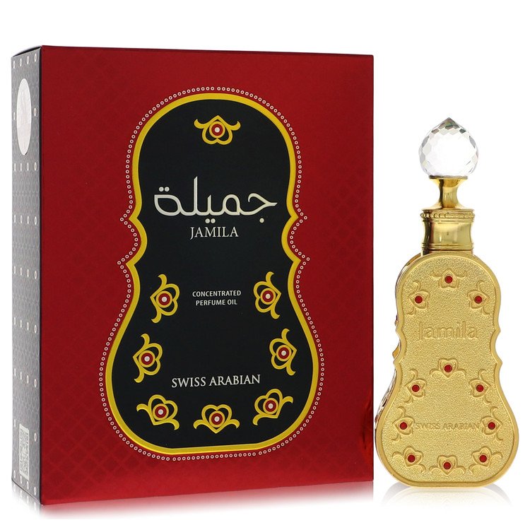 Gold perfume bottle and red box with 'Jamilia' branding on a white background