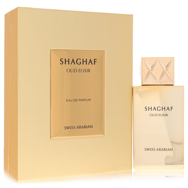 Shaghaf Oud Elixir perfume bottle and packaging on a white background