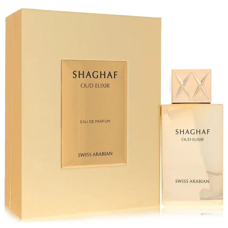 Swiss Arabian Shaghaf Oud Elixir Eau de Parfum bottle — luxury unisex oriental woody fragrance featuring rich notes of rose, saffron, praline, and smoky oud
