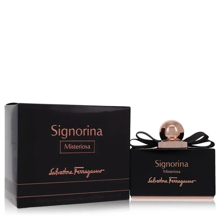 Salvatore Ferragamo Signorina Misteriosa perfume bottle and packaging on a white background