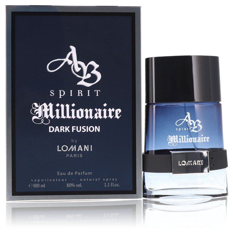 Spirit Millionaire Dark Fusion Cologne bottle by Lomani — woody oriental fragrance with cardamom, bergamot, lemon, nutmeg, lavender, jasmine, patchouli, cedarwood and amber