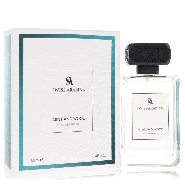 Swiss Arabian Mint and Wood perfume bottle and packaging on a white background
