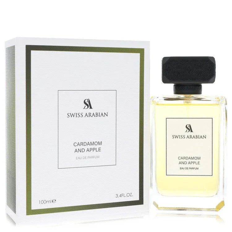 Swiss Arabian Cardamom and Apple perfume bottle and packaging on a white background