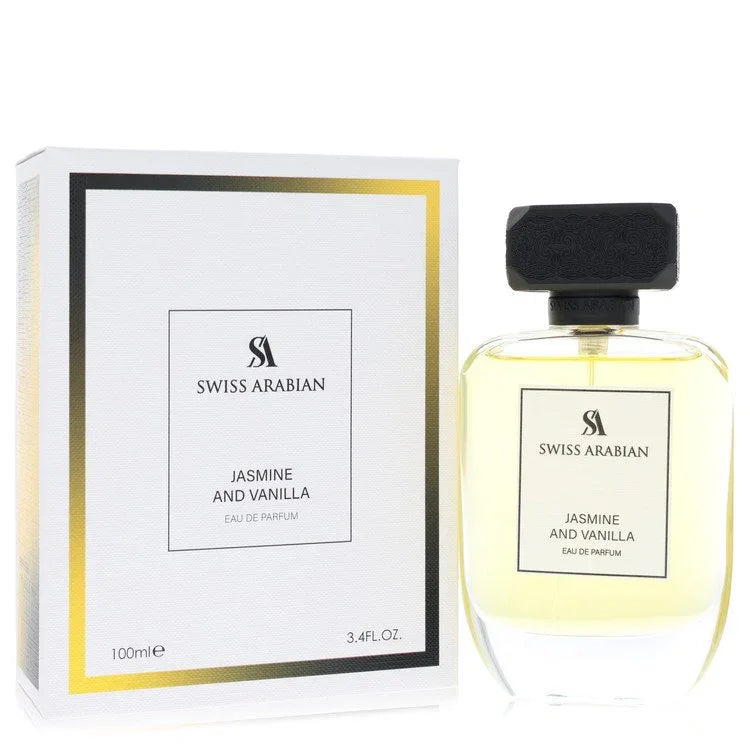 Swiss Arabian Jasmine and Vanilla perfume bottle and packaging on a white background