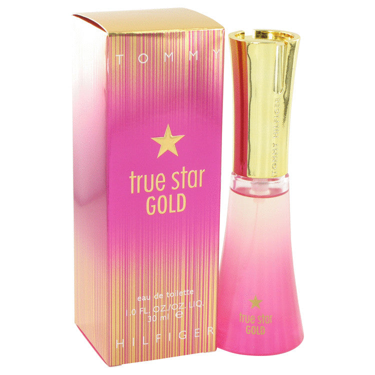 Tommy Hilfiger True Star Gold perfume bottle and packaging on a white background