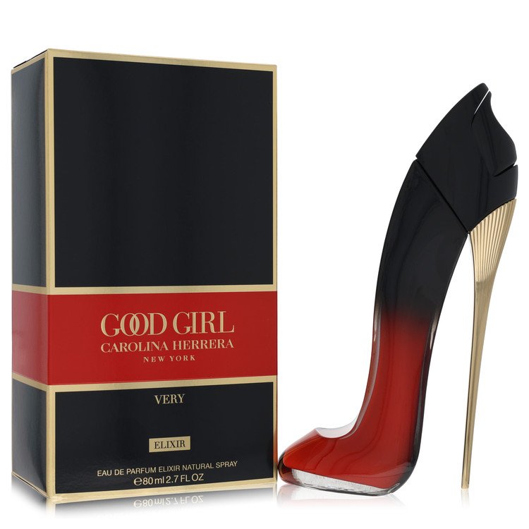 Very Good Girl Elixir by Carolina Herrera iconic stiletto-shaped perfume bottle — luxurious fruity floral gourmand fragrance featuring red currant, lychee, rose, vanilla, vetiver, and tonka bean notes