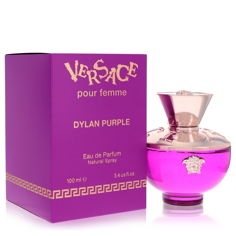 Versace Dylan Purple perfume bottle and packaging on a white background