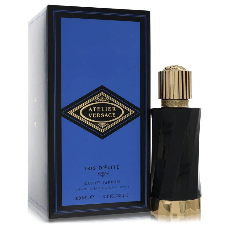 Atelier Versace Iris d'Elite perfume bottle and packaging on a white background