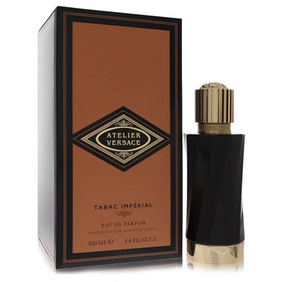 Atelier Versace Tabac Imperial perfume bottle and packaging on a white background
