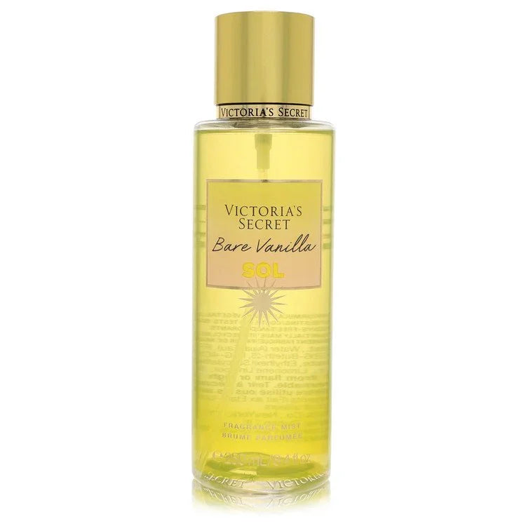 Victoria's Secret Bare Vanilla Sol Fragrance Mist bottle with golden cap and sunny yellow tone