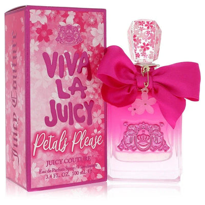 Juicy Couture Viva La Juicy Petals Pleasé perfume bottle and packaging with pink floral design.