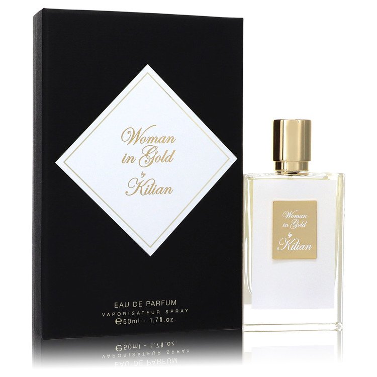 Kilian 'Woman in Gold' eau de parfum bottle and packaging on a white background