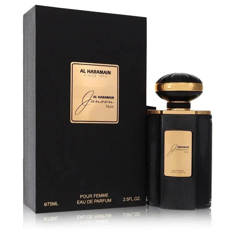 Al Haramain Junoon Noir Perfume bottle — powdery floral feminine fragrance with kumquat, lime, orris, violet, jasmine, lily of the valley, vanilla, cedar, and sandalwood