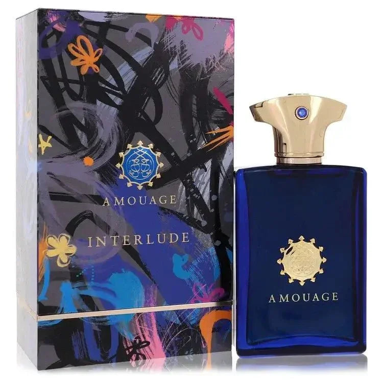 Amouage Interlude perfume in a blue bottle with gold cap next to artistic packaging