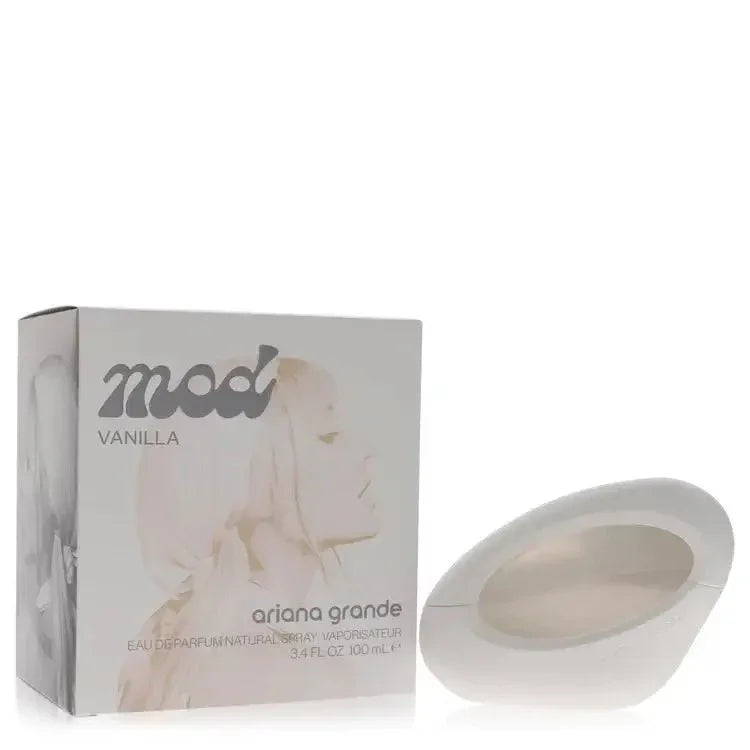 Ariana Grande Mod Vanilla perfume bottle with pink freesia, juicy plum, creamy musks, orris butter, white praline, jasmine petals, vanilla absolute, and cocoa butter