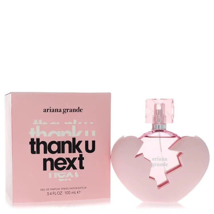 Thank U Next perfume bottle and pink box with heart-shaped design