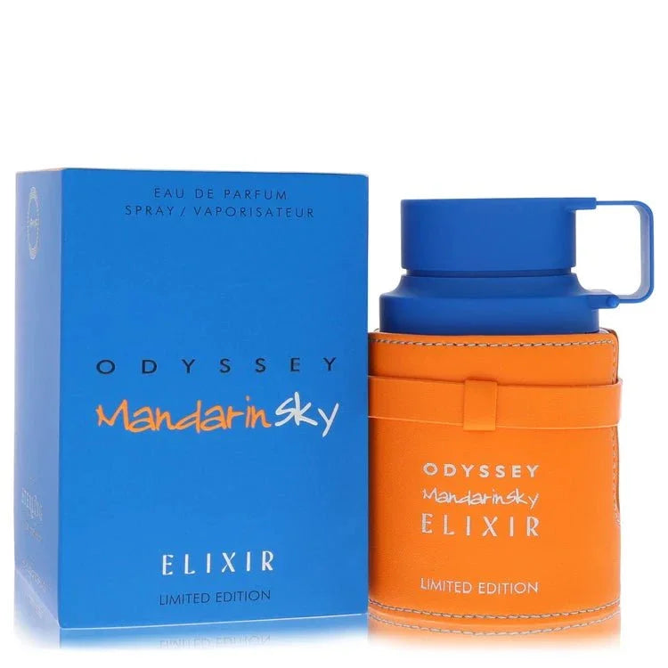 Armaf Odyssey Mandarin Sky Elixir cologne luxury bottle, a captivating citrus, woody, and floral fragrance for men.