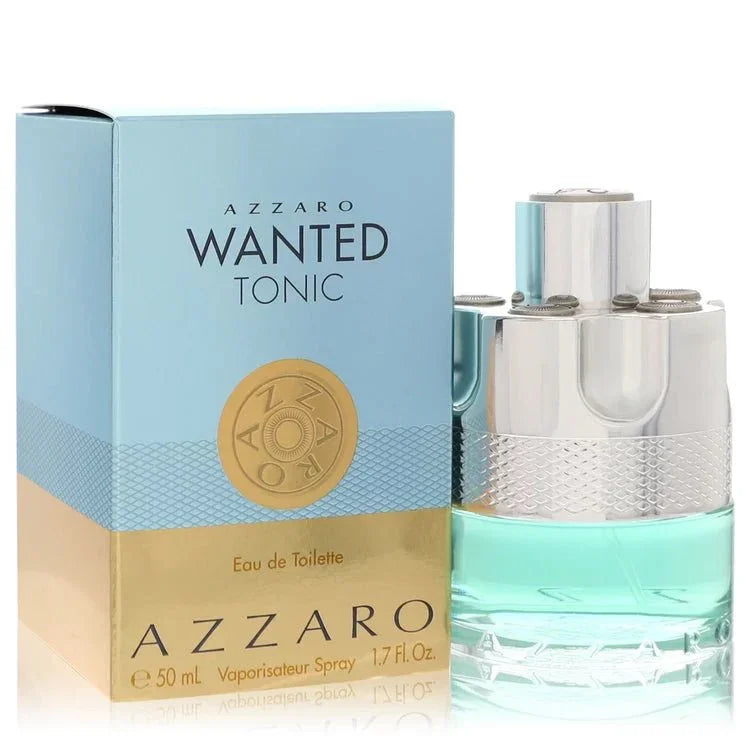 Azzaro Wanted Tonic Eau de Toilette spray with blue and gold packaging, 1.7 fl oz bottle