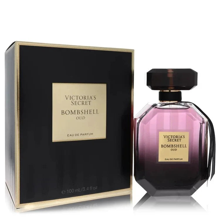 Victoria's Secret Bombshell Oud Eau de Parfum bottle — luxury women's amber floral fragrance featuring refreshing notes of saffron, peony, and smoky agarwood