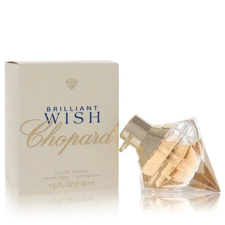 Chopard Brilliant Wish eau de parfum spray with gold diamond-shaped bottle and box, 30ml