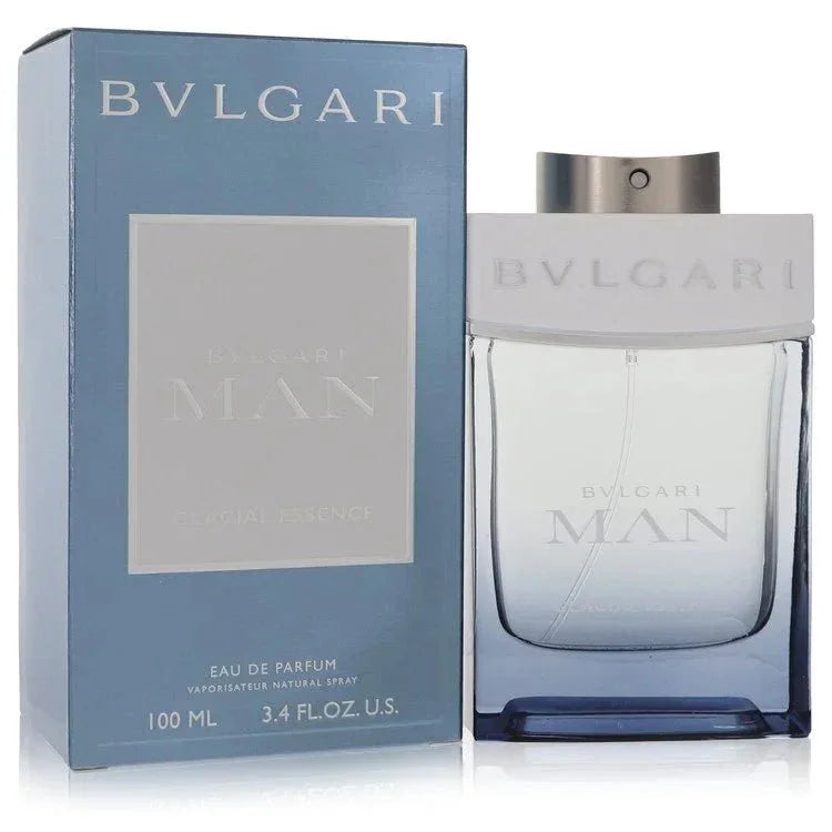 Bvlgari Man Glacial Essence cologne bottle for men — Icy woody aromatic fragrance with frozen woods, Virginia cedar, birch, labdanum, cashmere wood, and white musks notes 3.4 oz