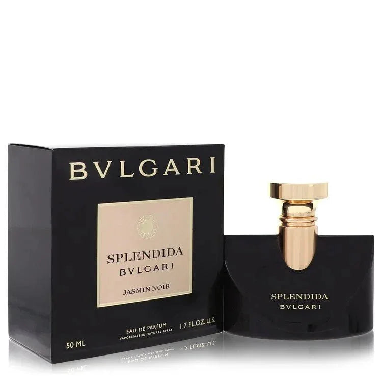 Luxury black glass bottle of Bvlgari Splendida Jasmin Noir perfume for women with elegant gold text, showcased on a sophisticated retail background