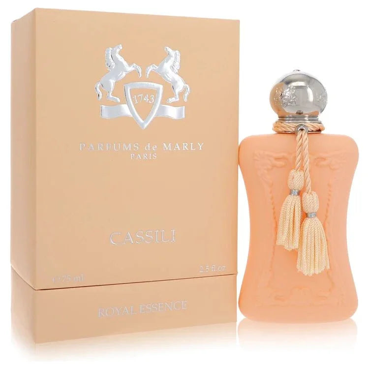 Cassili by Parfums De Marly bottle — Floral Fruity luxury women fragrance featuring realistic Plum, Plumeria, and Vanilla notes.