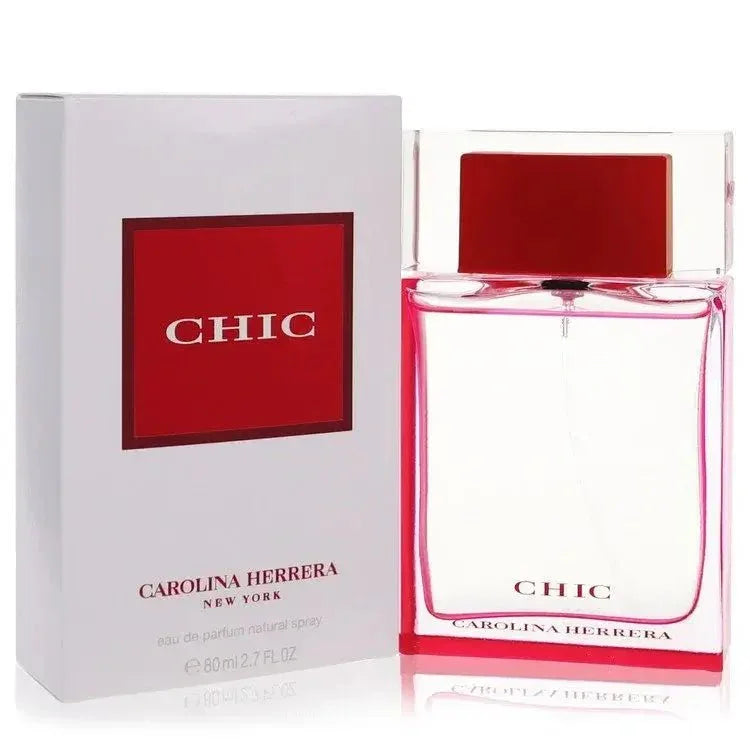 Chic by Carolina Herrera Eau de Parfum bottle with red freesia, tuberose, Bulgarian rose, white musk, sandalwood, and vanilla