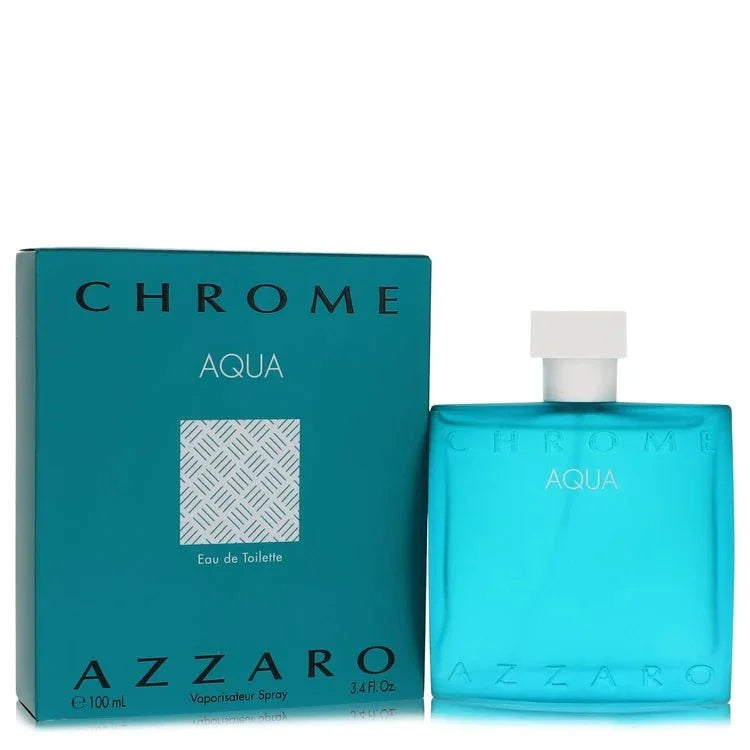 Azzaro Chrome Aqua cologne 100ml bottle and box, blue designer men's fragrance.