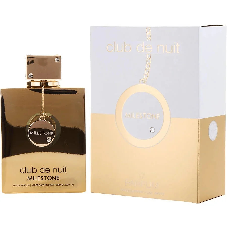 Club de Nuit Milestone perfume bottle and box, gold and white packaging, Eau de Parfum spray