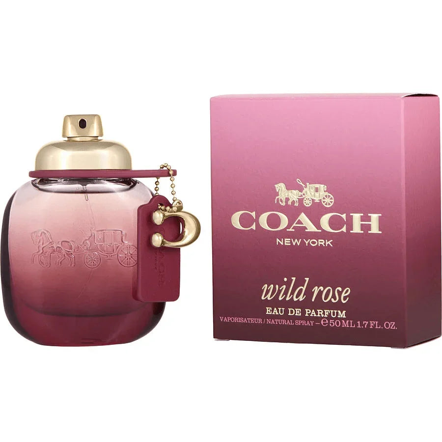 Coach Wild Rose Eau de Parfum spray bottle and box, pink gradient design for women