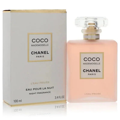 Coco Mademoiselle L'Eau Privée Eau Pour La Nuit perfume bottle and box, 100ml, night fragrance.