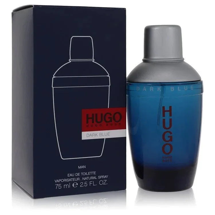 Hugo Boss Dark Blue Cologne signature cocktail-shaker shaped deep indigo glass flacon showcasing its sleek metallic capping work on a clean background