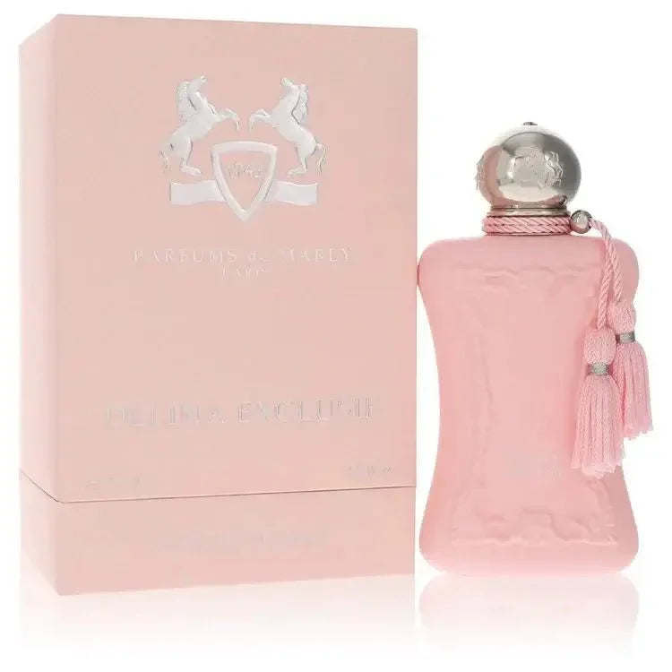 Parfums de Marly Delina Exclusif perfume bottle in soft pink with silver cap and tassels