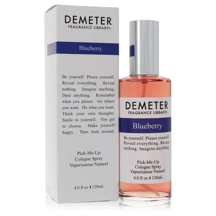 Demeter Blueberry Perfume signature luxury clear glass library flacon displaying its clean minimalist label layouts and vibrant fruit labeling on a solid background