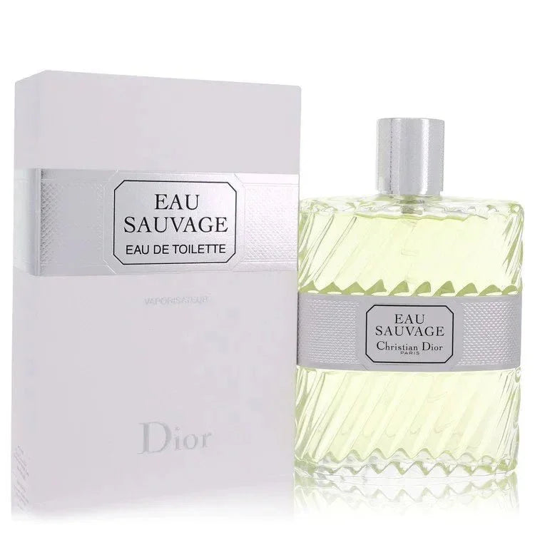 Eau Sauvage Eau de Toilette spray bottle and box, designer fragrance with silver accents