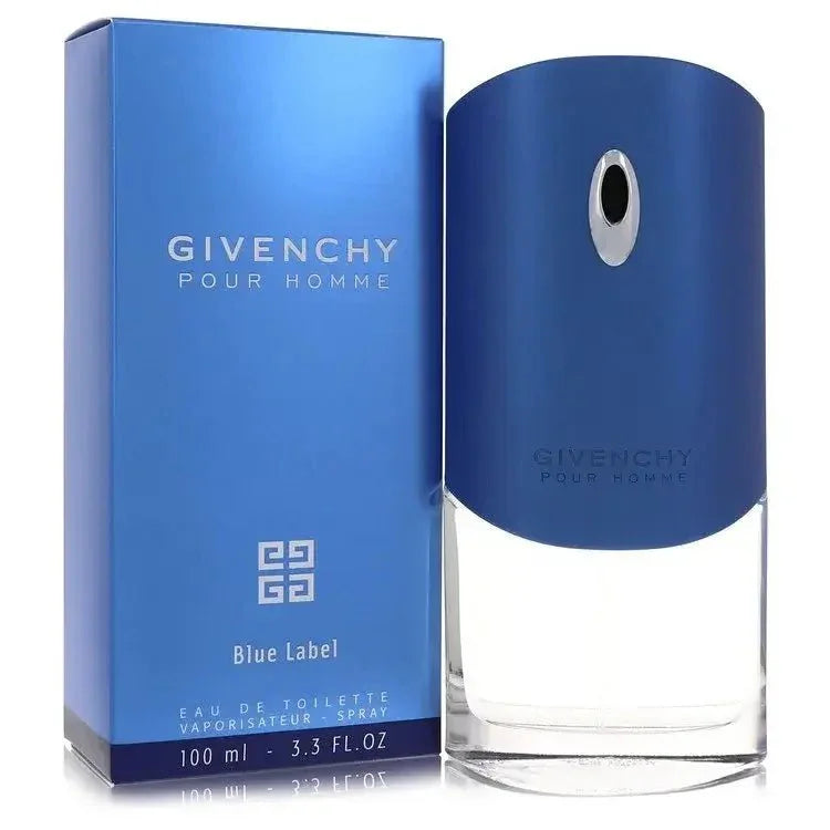 Givenchy Blue Label Cologne bottle — woody spicy fresh men's fragrance with grapefruit, bergamot, pepper, lavender, cardamom, artemisia, cedar, vetiver, and olibanum
