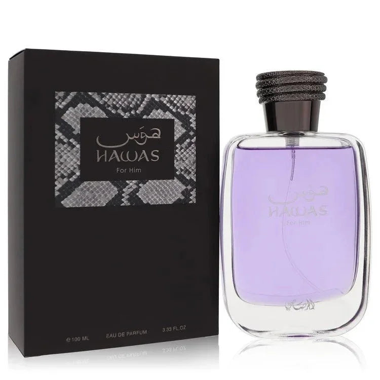 Rasasi Hawas Cologne bottle — aromatic aquatic men's fragrance with apple, bergamot, lemon, cinnamon, plum, orange blossom, cardamom, ambergris, patchouli, and driftwood