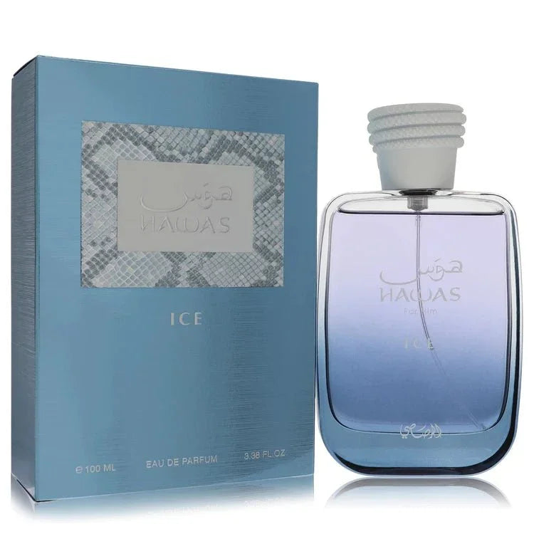 Rasasi Hawas Ice Cologne bottle — fresh aromatic fragrance with bergamot, lemon, mint, orange blossom, cardamom and plum