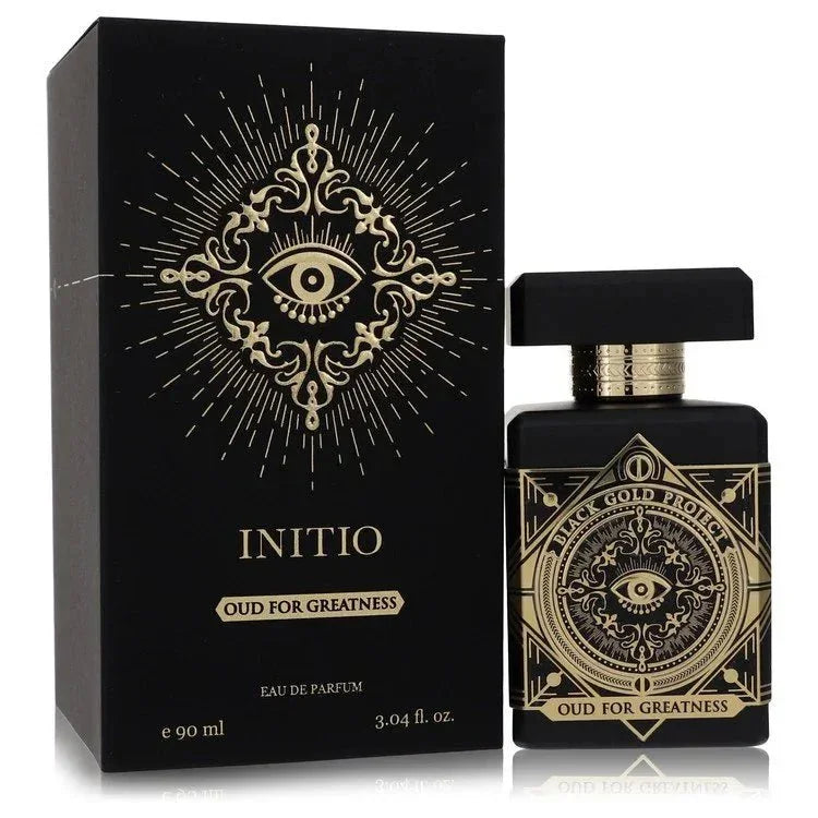 Black and gold Initio Oud for Greatness perfume bottle with matching decorative box.