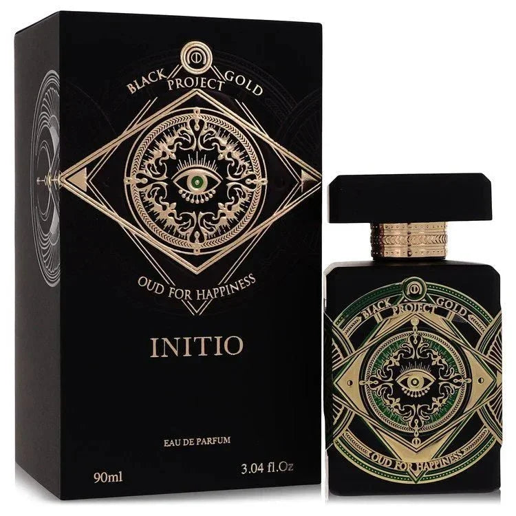 Initio Oud for Happiness Eau de Parfum spray with gold and green eye design on black bottle and box