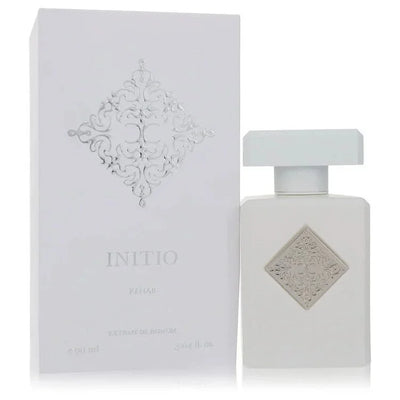 Initio Rehab perfume bottle and box, elegant white packaging with embossed design
