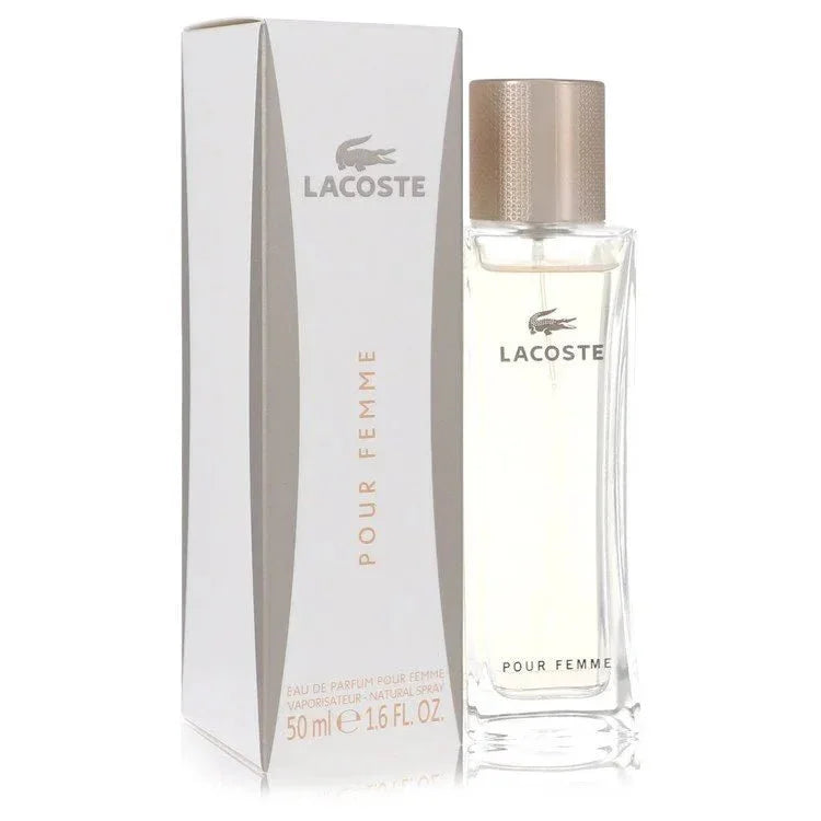 Lacoste Pour Femme perfume bottle and packaging on a white background