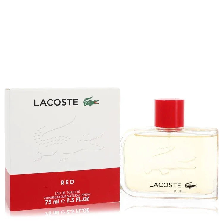 Lacoste Red Style In Play Cologne bottle with green apple, thuja, pine tree, jasmine, cedar, patchouli, vetiver, and white musk
