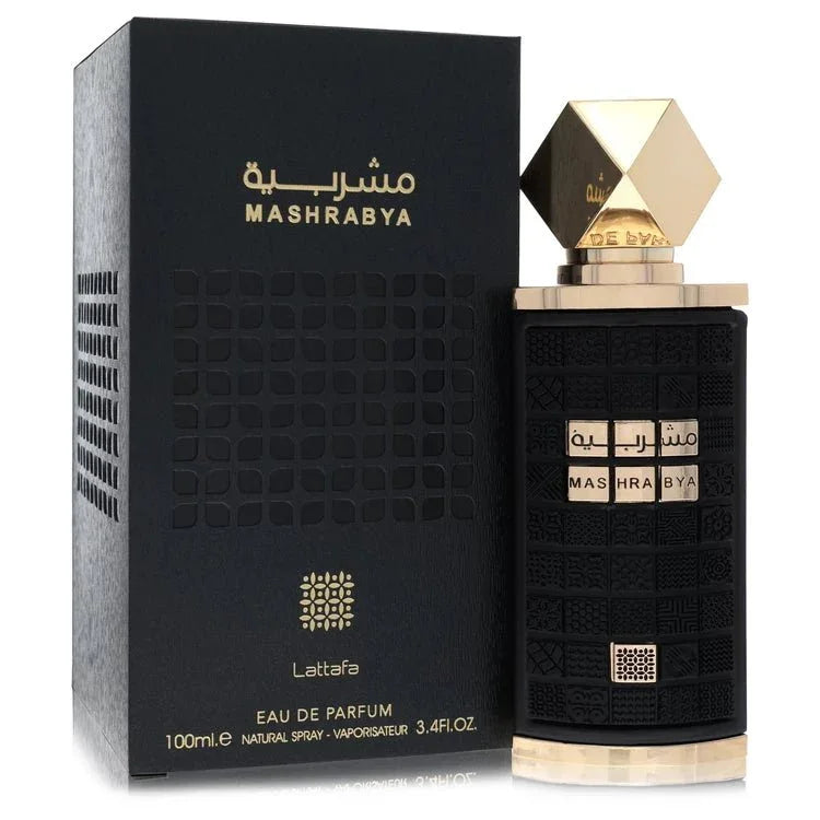 Lattafa Mashrabya Eau de Parfum ornate geometric bottle — luxury unisex oriental woody floral fragrance featuring unique notes of warm spices and patchouli wood